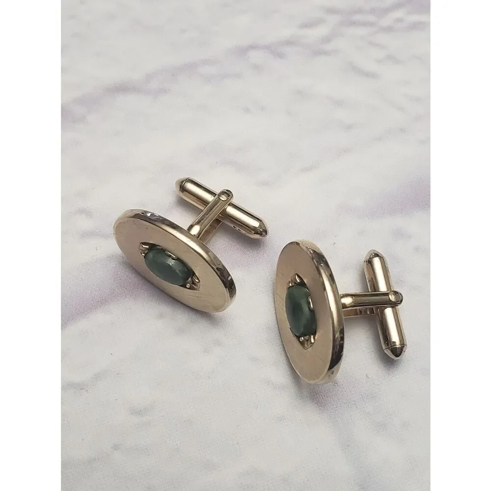 VINTAGE SWANK Goldtone & Green Agate Cuff Links
